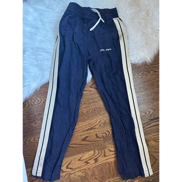 PALM ANGELS Classic Logo Striped Linen Track Pant Navy Off White - Picture 6 of 7